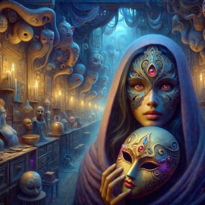 The primary subject of the image is a woman wearing a mask and a hooded robe. She is standing in a room with a large number of faces on the walls, creating a unique and intriguing atmosphere. The setting appears to be a dark, mysterious environment, possibly a haunted house or a theatrical performance. The visual style of the image is digital art, with the woman's mask and robe being the main focus of the composition. The colors in the image are predominantly dark, with the woman's mask and robe being the only bright elements, adding to the overall mood of the scene.
